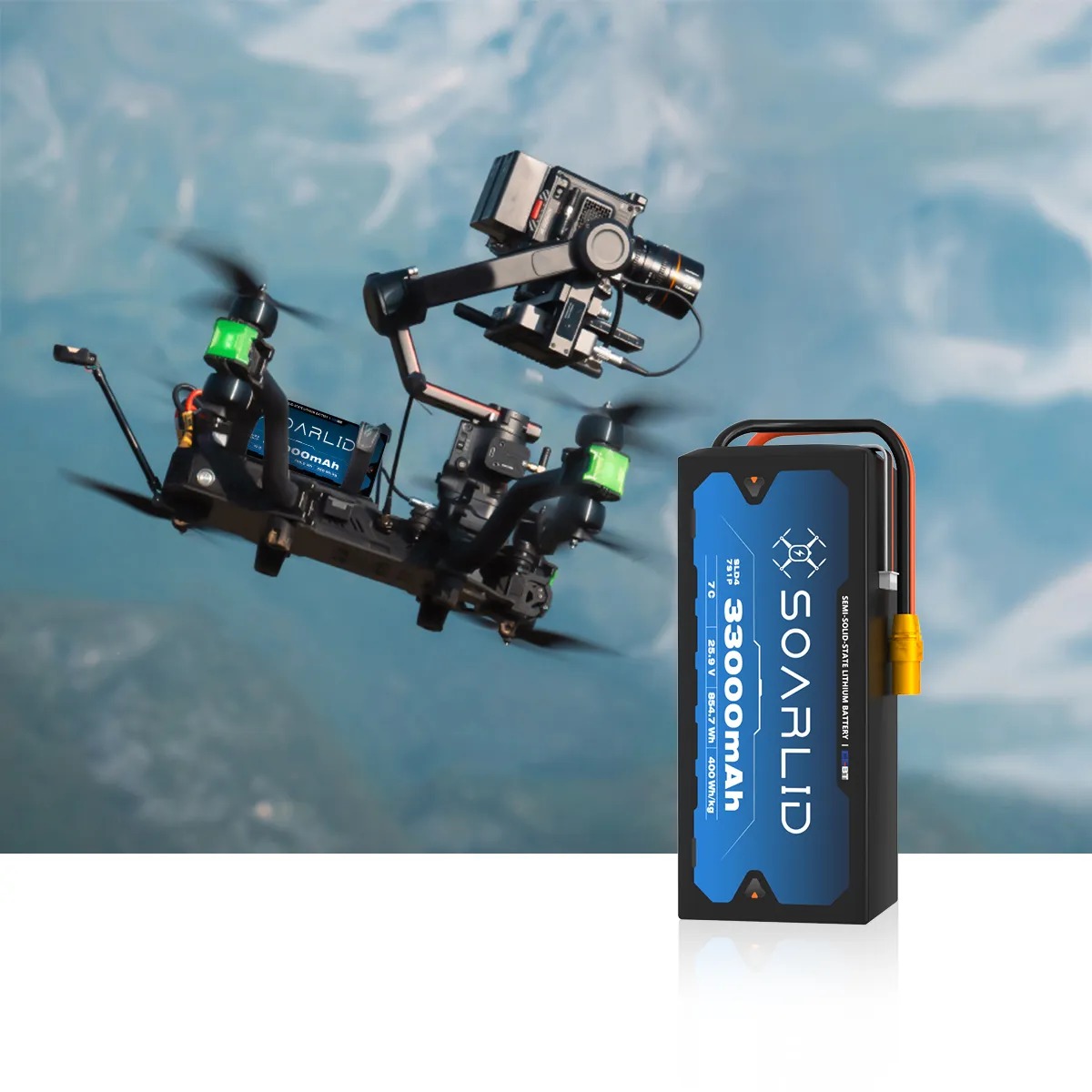Cinelifter drone carrying a cinema camera powered by a Soarlid 33,000mAh semi-solid-state pack