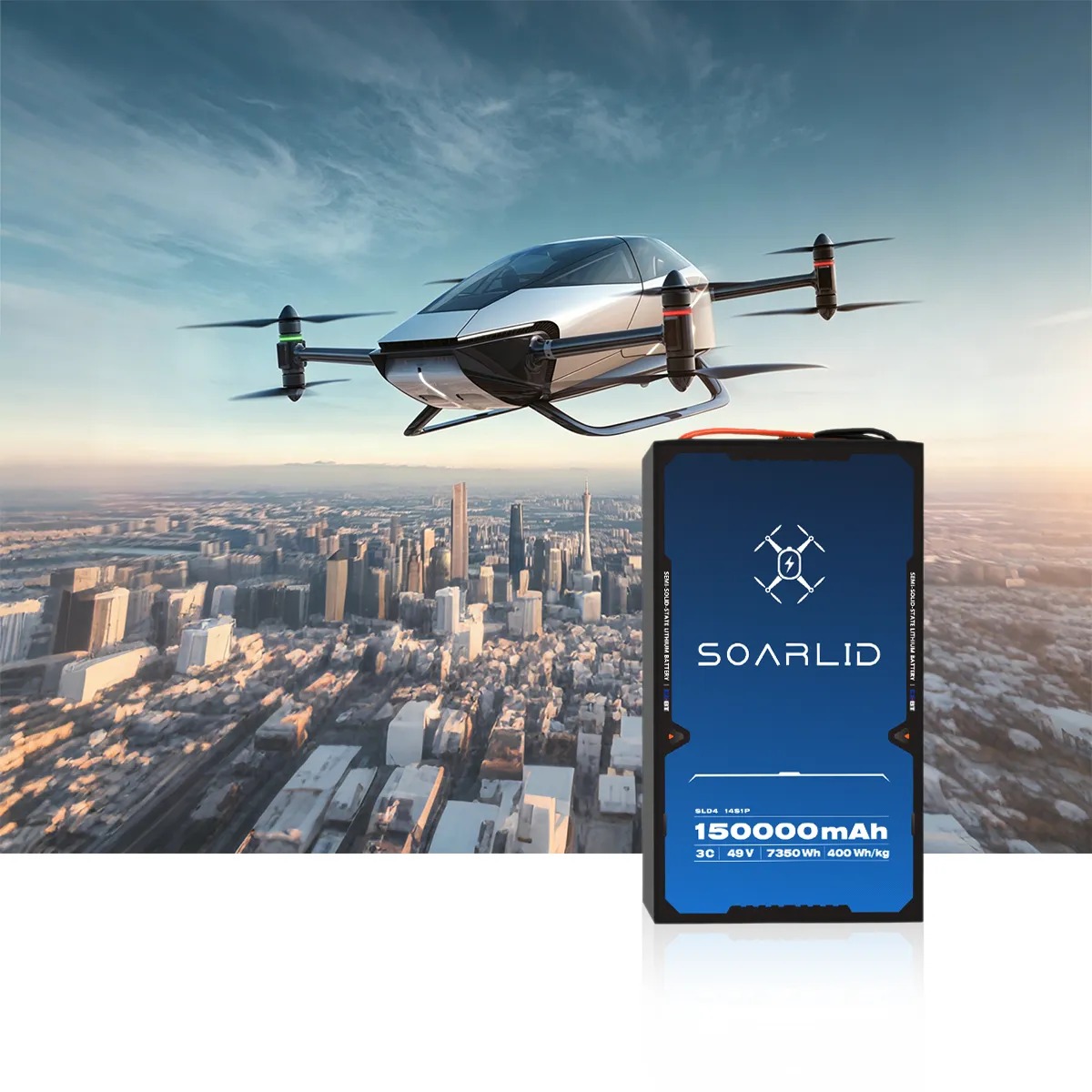 eVTOL aircraft over a city skyline powered by a Soarlid 150,000mAh semi-solid-state pack