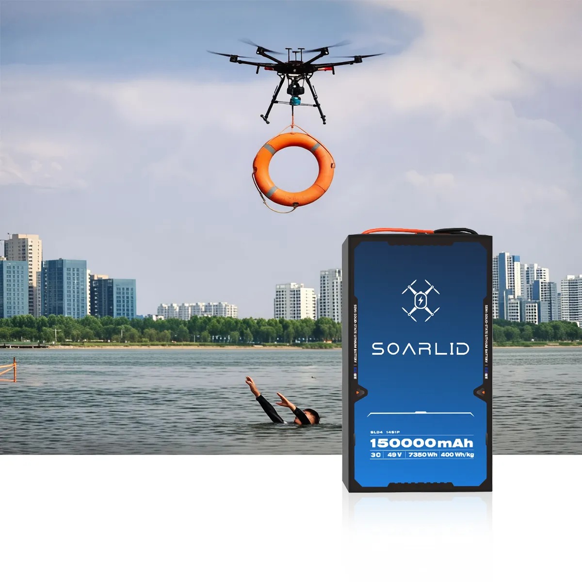 Rescue drone delivering a lifebuoy over water powered by a Soarlid 150,000mAh semi-solid-state pack