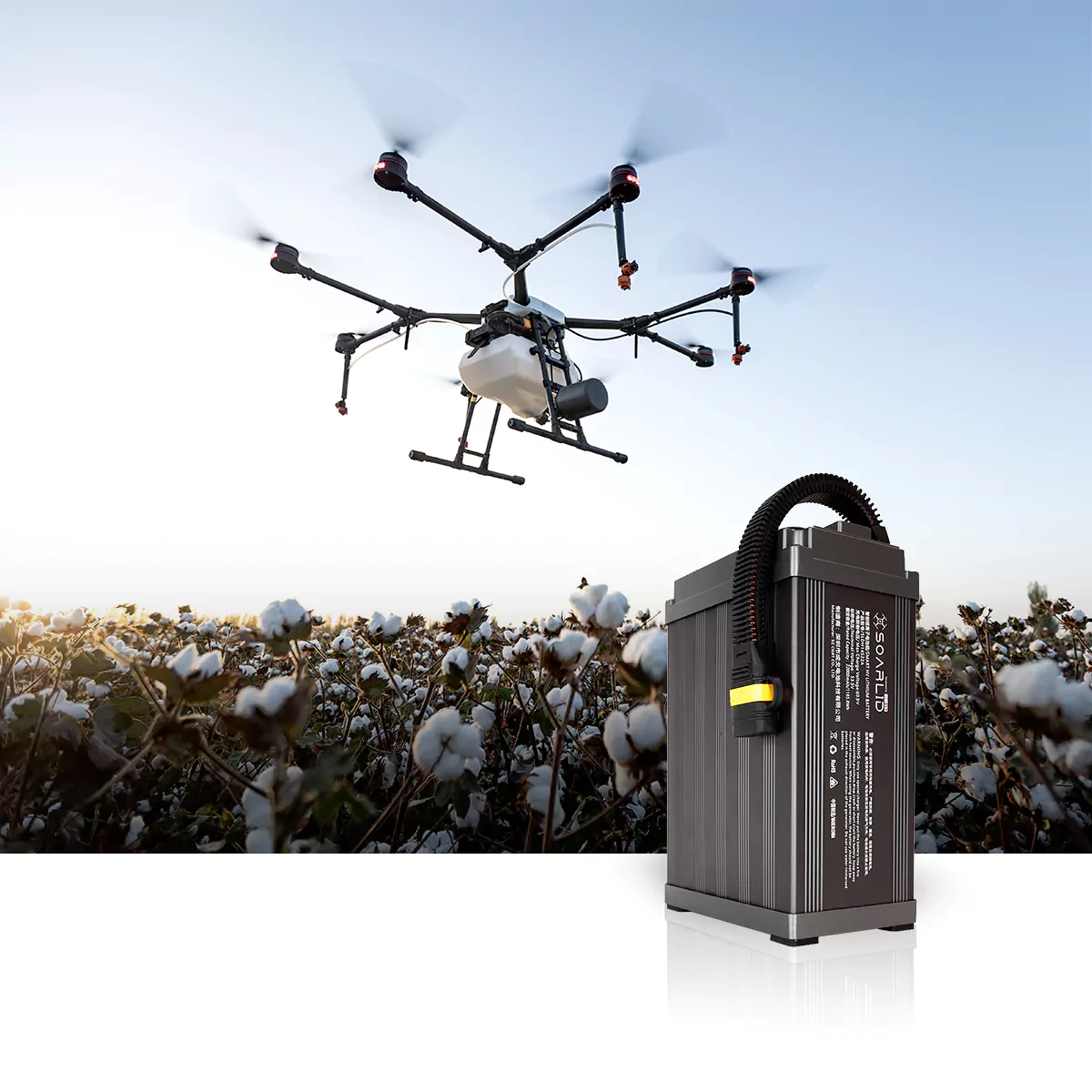 Agricultural spraying drone powered by a Soarlid industrial battery pack