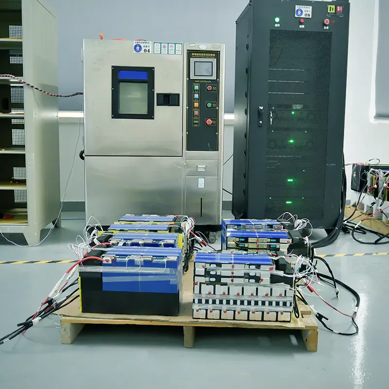 Battery packs connected to aging and cycle testing racks